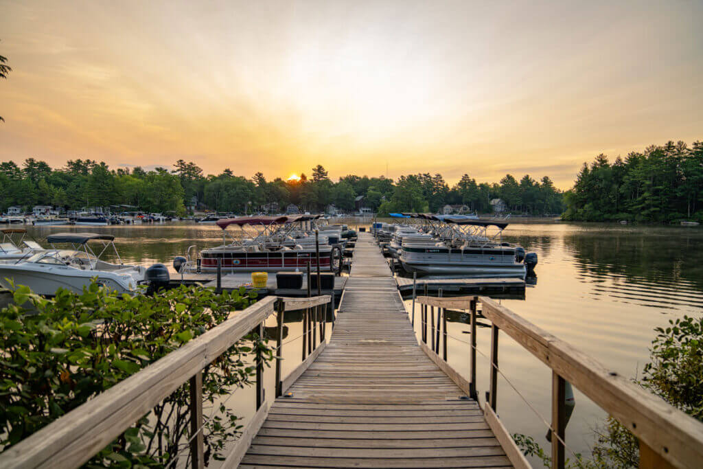 Sunrise at the marina at Point Sebago Resort in Maine.