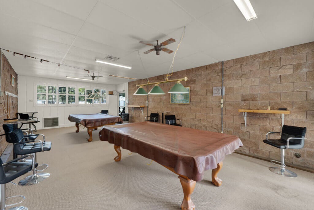 Pool tables in the billiards room at Holiday RV Park in Leesburg, Florida.