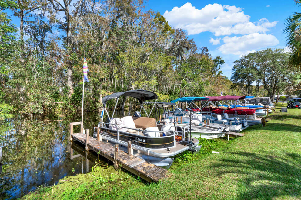 Boats near the marina at Holiday RV Park, a 55+ community, in Leesburg, Florida.