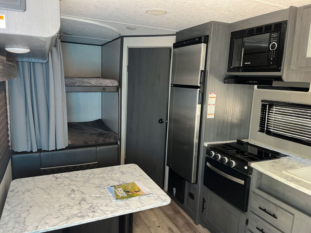 Interior of RV rental on lot 76 at Chokoloskee RV Park in Florida.