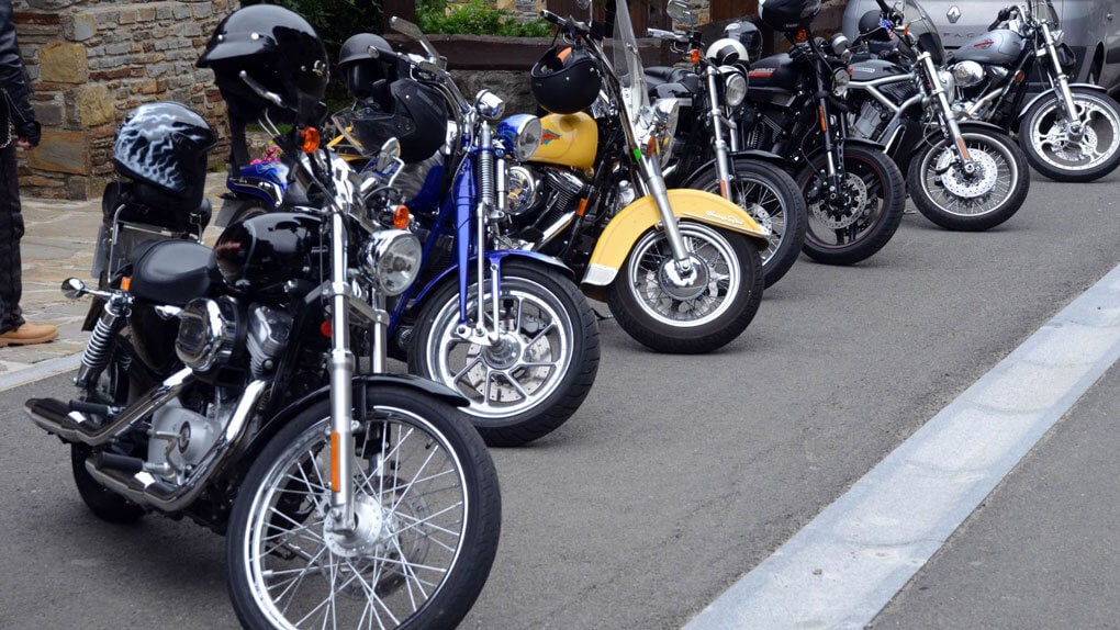 Motorcycles lining the street