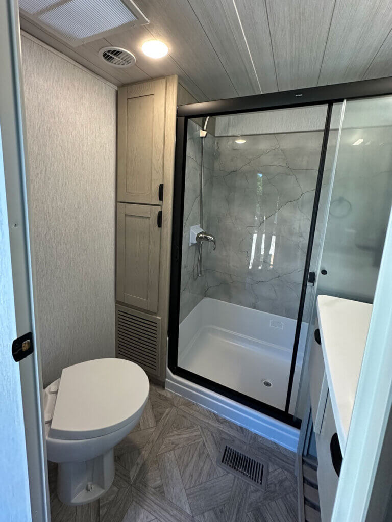 Bathroom of the waterfront travel trailer rental available at Big Pine Key in Florida.