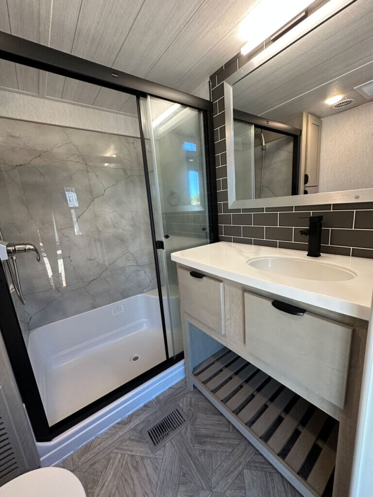 Bathroom of the waterfront travel trailer rental available at Big Pine Key in Florida.