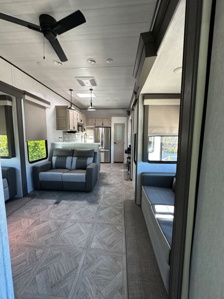 Interior and pop outs of the waterfront travel trailer rental available at Big Pine Key in Florida.