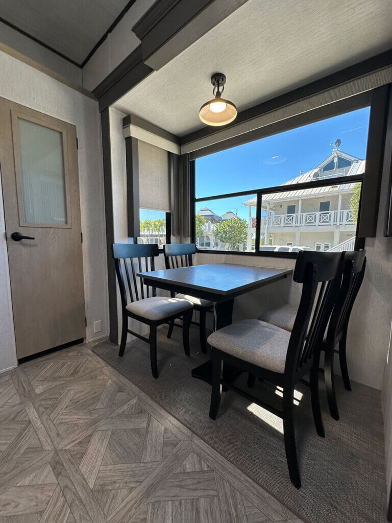 Dining area interior of the waterfront travel trailer rental available at Big Pine Key in Florida.