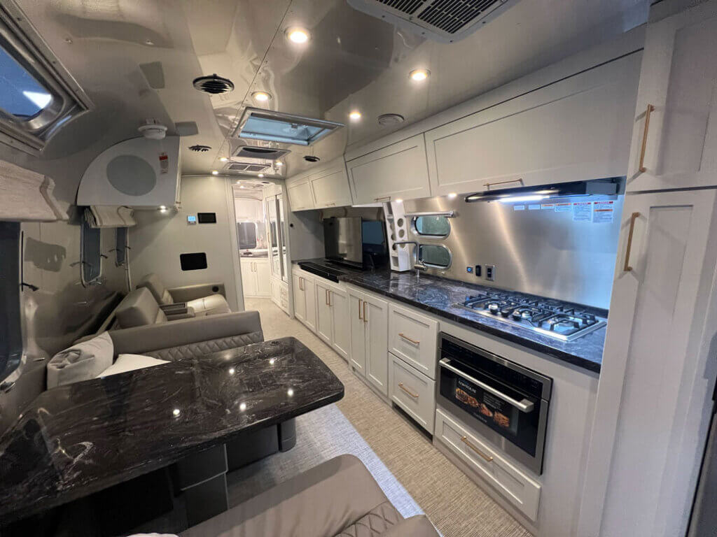 Interior of an Airstream travel trailer at the RV SuperShow in Tampa