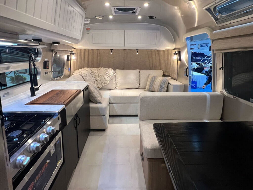 Interior of an Airstream travel trailer at the RV SuperShow in Tampa