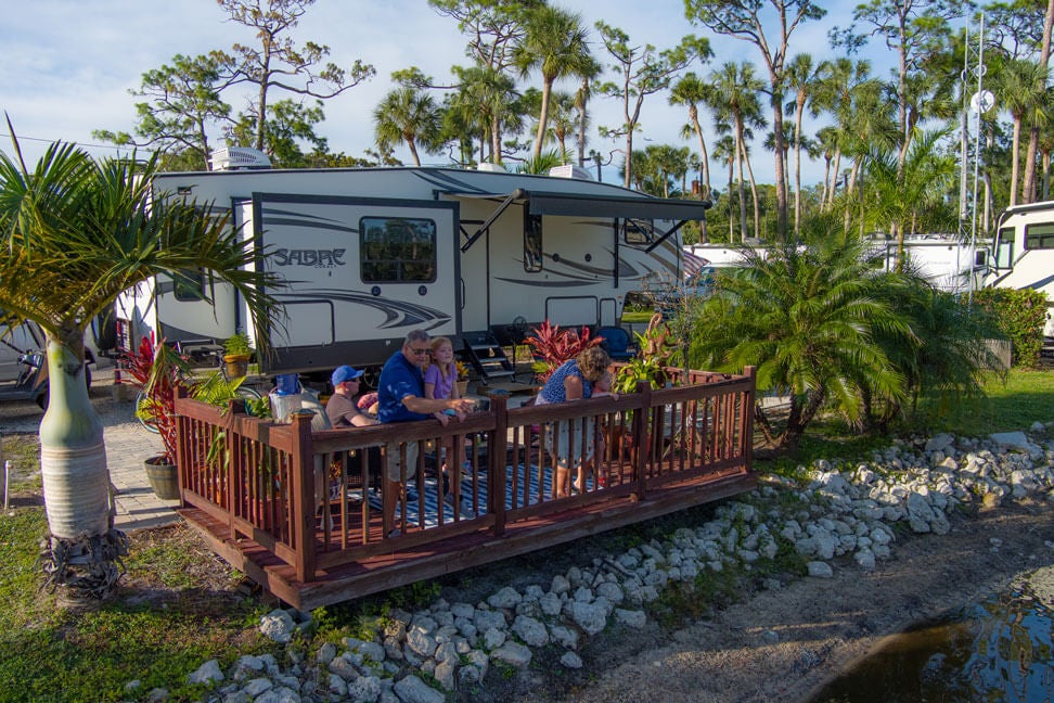 Waterfront patio at Blueway RV Park in Fort Myers, Florida.