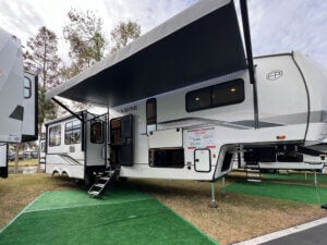 The exterior of a Sabre travel trailer on sale at the Florida RV SuperShow in Tampa