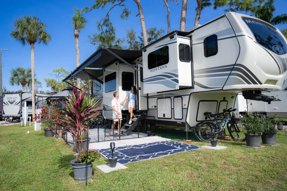 Travel trailer parked on an RV site at Blueway RV Park in Fort Myers, Florida.