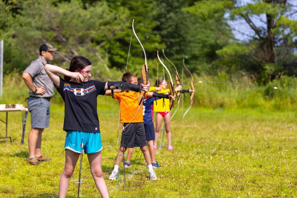 An archery class for kids at Point Sebago Resort in Maine.