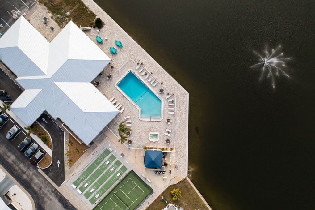 Clubhouse and lake view from above at The Meadows in Tarpon Springs.