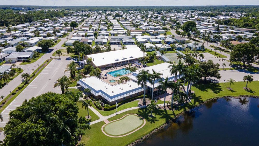 Overview of the community clubhouse in Fort Myers, Florida at Jamaica Bay Village, a 55+ community.