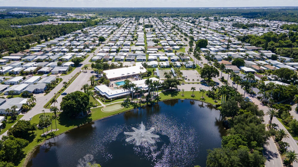 Overview of the community clubhouse in Fort Myers, Florida at Jamaica Bay Village, a 55+ community.