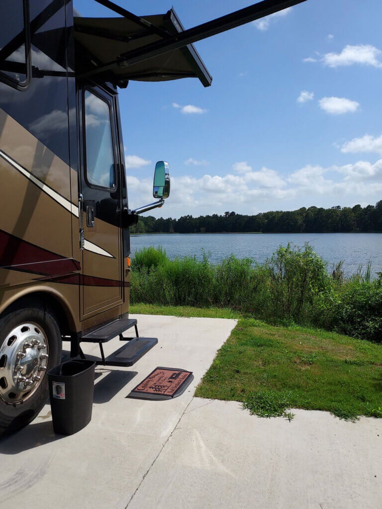 Waterfront RV site at CreekFire RV Resort in Savannah, Georgia.