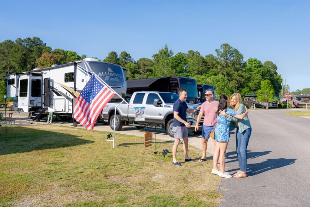 RV_Site_friends_Creekfire_GA Friends meeting at an RV site at CreekFire RV Resort in Savannah, Georgia.