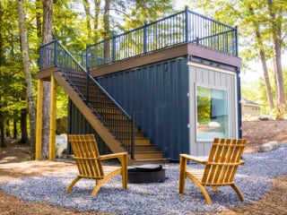Stargazer container cottage in Maine at Point Sebago Resort.