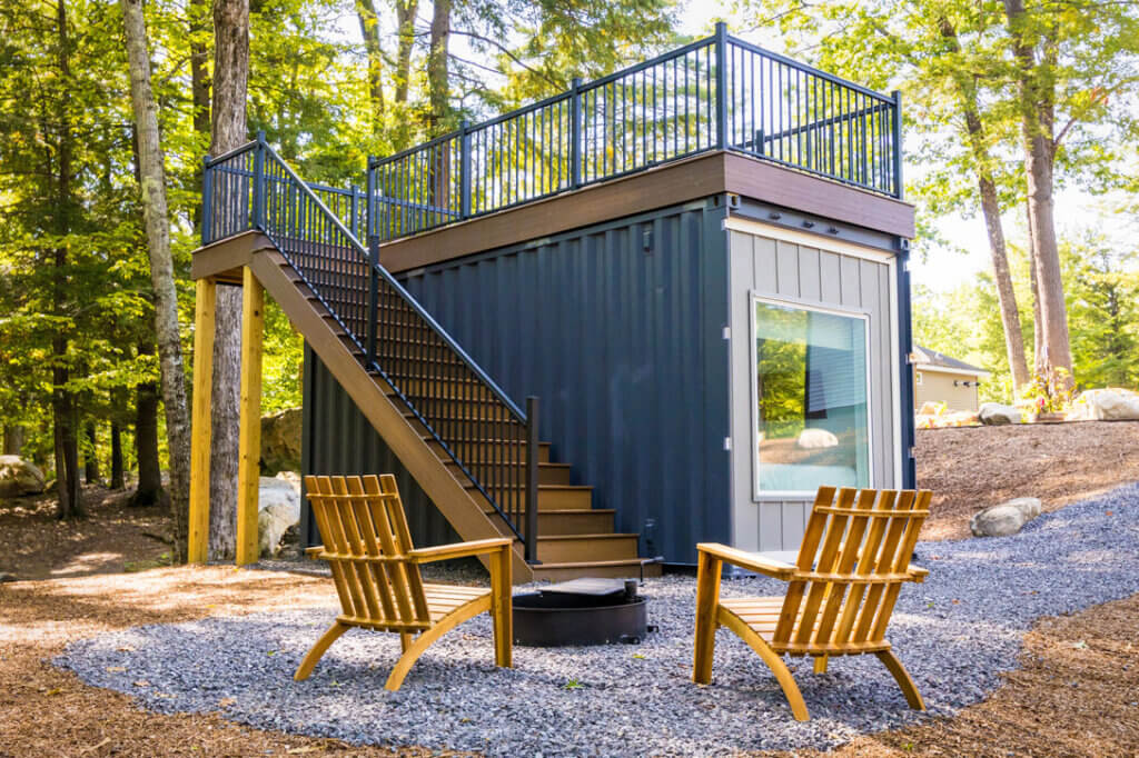 Stargazer container cottage in Maine at Point Sebago Resort.