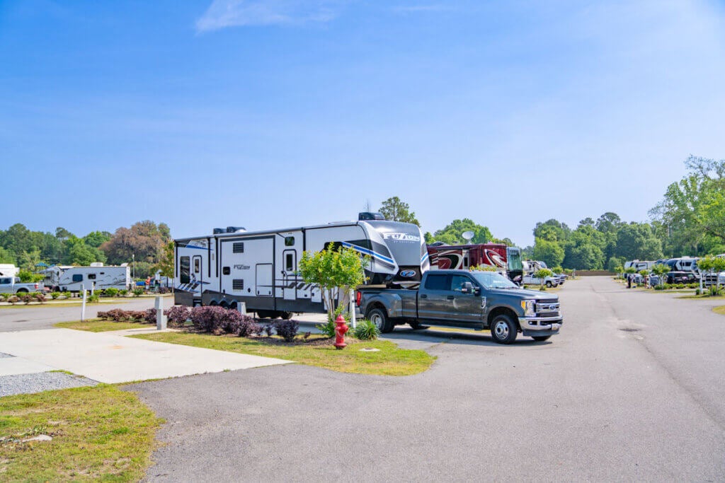 Travel trailer at CreekFire RV Resort in Savannah, Georgia.