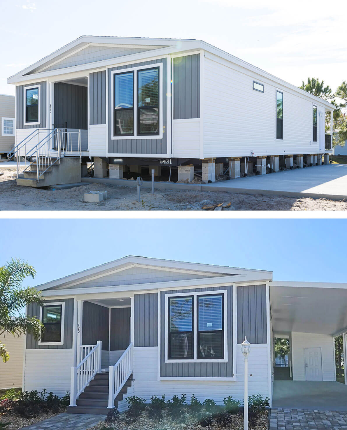 Before and after photos of a new Skyline Manufactured Home being installed in Tarpon Springs, Florida at The Meadows.