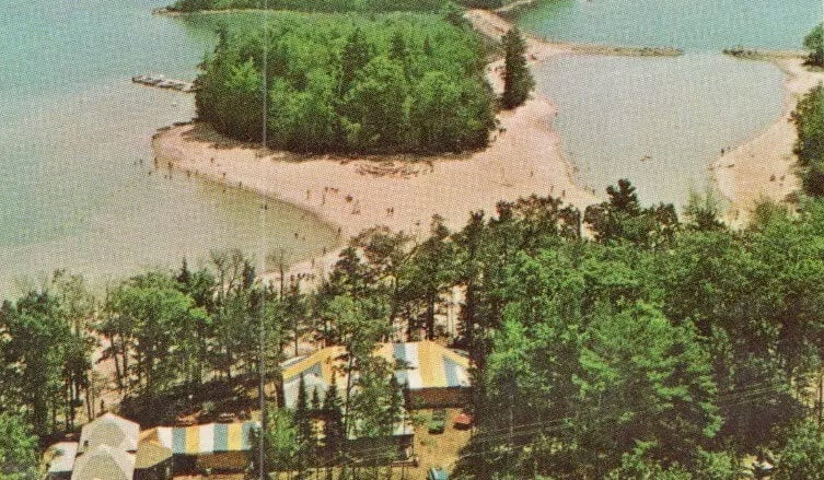 Point Sebago Resort postcard image showing the beach and Maple Cove, Maine in 1970.