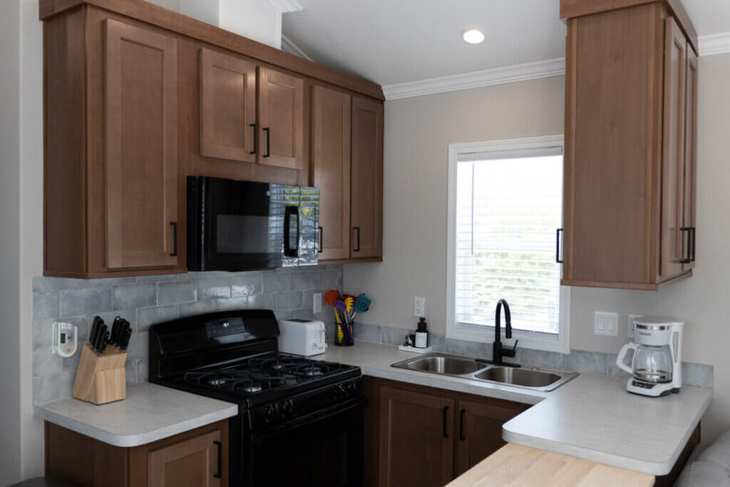 Kitchen inside of a vacation rental at Big Pine Key RV Park in Florida.