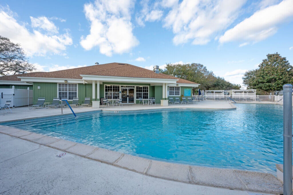Clubhouse swimming pool and heated spa at one of three clubhouses at Bear Creek Village