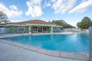 Clubhouse swimming pool and heated spa at one of three clubhouses at Bear Creek Village