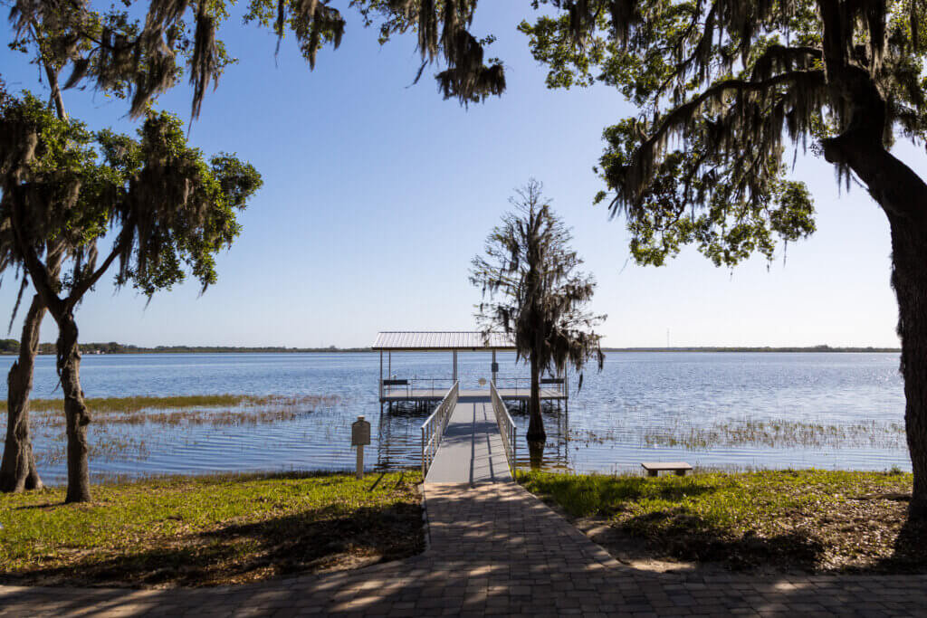 Looking out over the lake from the start of the dock at Oak Harbor RV Park.