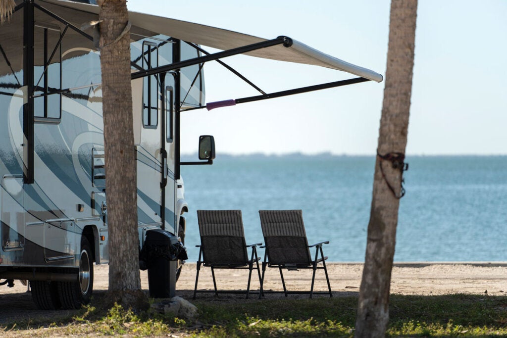Motorhome on seaside parking lot in Florida. USA travel destination
