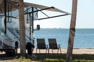 Motorhome on seaside parking lot in Florida. USA travel destination