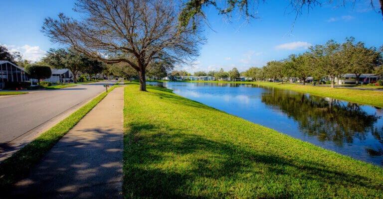 View of pond surrounded by manufactured homes in Bear Creek Village gated community