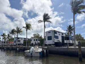 Waterfront travel trailer sites next to the docks at Big Pine Key RV Park in Florida.