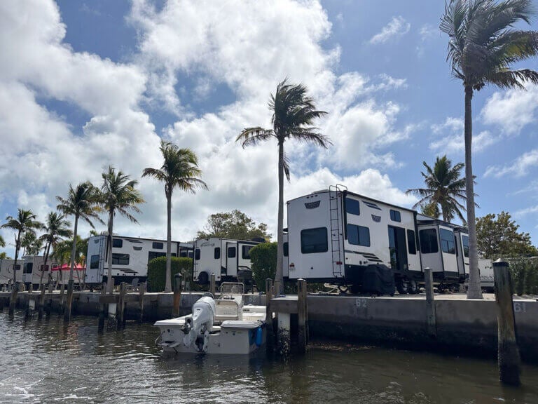Waterfront travel trailer sites next to the docks at Big Pine Key RV Park in Florida.
