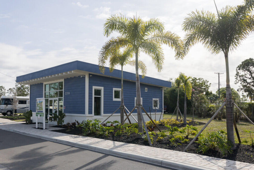 New office building exterior view at River Vista RV Park