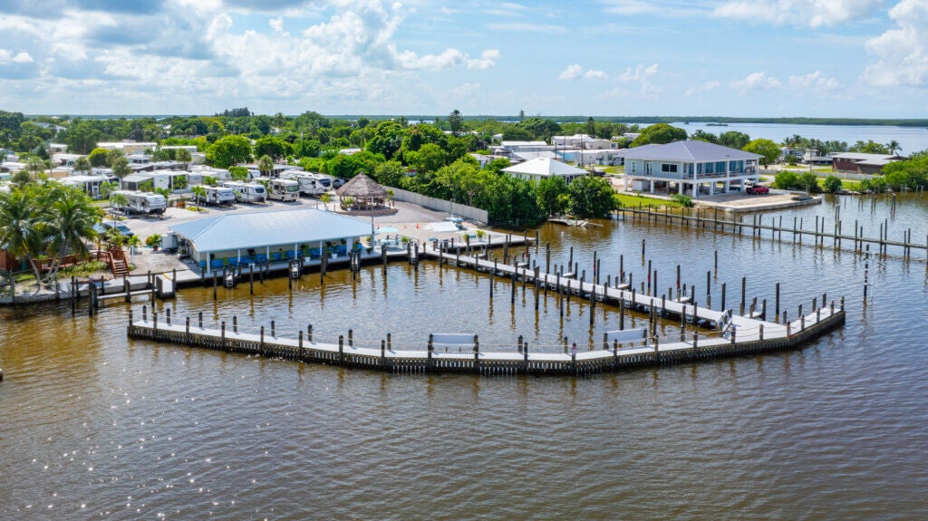 fishding docks at marina with rv sites in the background
