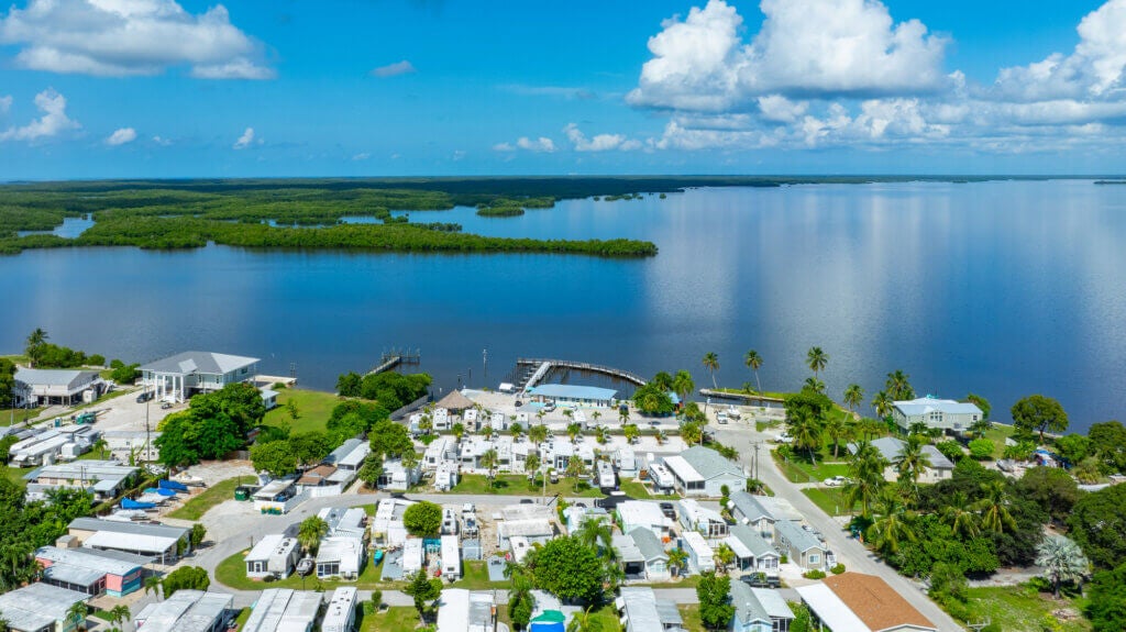 birds eye view of rv park and marina