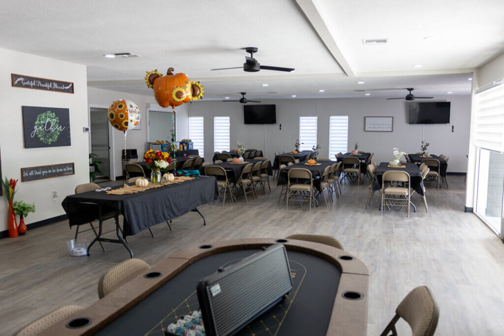 Interior view of the main room fully renovated within the West Clubhouse at Rolling Greens Village in Ocala, Florida.