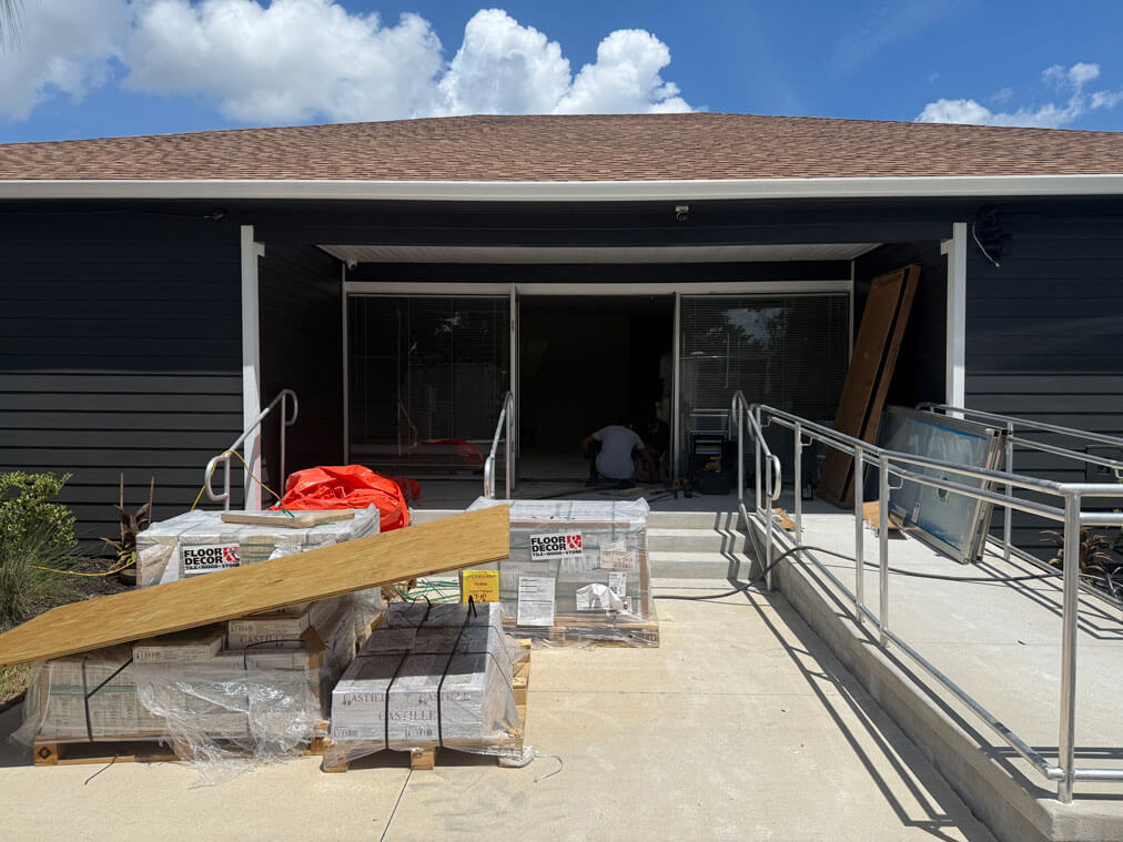 RGV-West-Clubhouse-Renovation-Pt.-2-02 Exterior of the West Clubhouse during renovations at Rolling Greens Village in Florida.