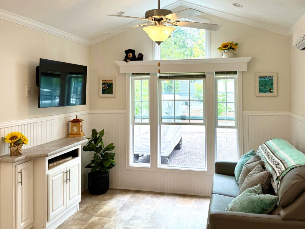 Interior of cabin 00754 at Point Sebago Resort on Sebago Lake in Casco, Maine.