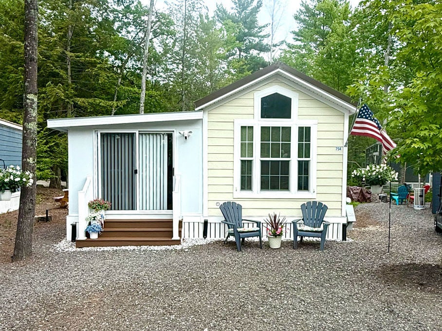 Exterior of cabin 00754 at Point Sebago Resort on Sebago Lake in Casco, Maine.
