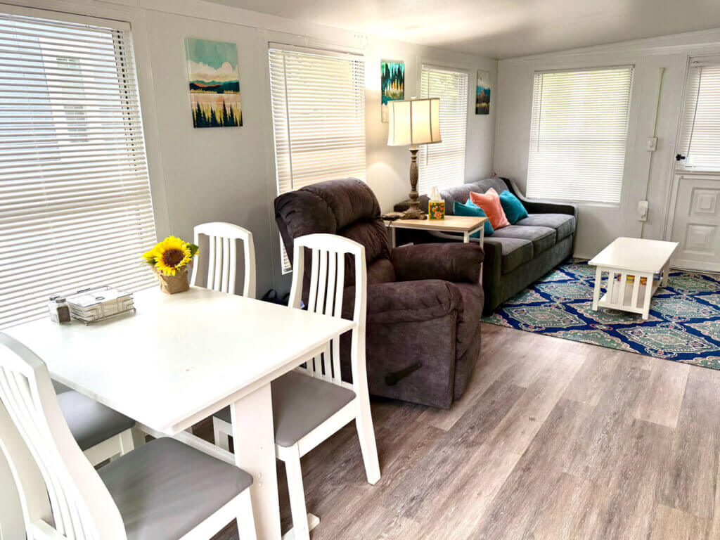 Interior of cabin 00754 at Point Sebago Resort on Sebago Lake in Casco, Maine.