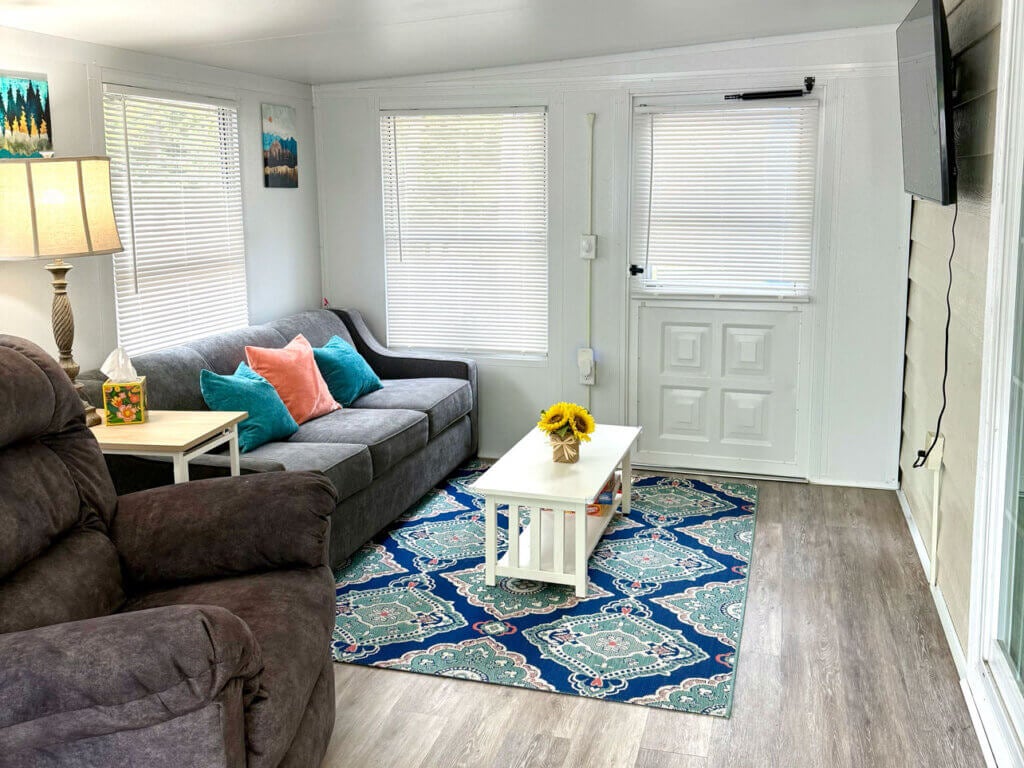 Interior of cabin 00754 at Point Sebago Resort on Sebago Lake in Casco, Maine.