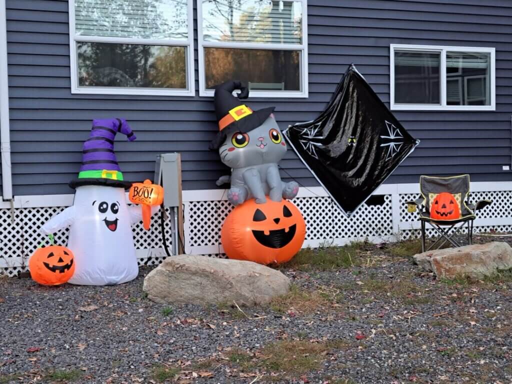 Halloween decorations outside of a cabin at Point Sebago Resort in Casco, Maine.