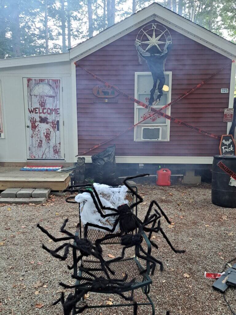Halloween decorations outside of a cabin at Point Sebago Resort in Casco, Maine.