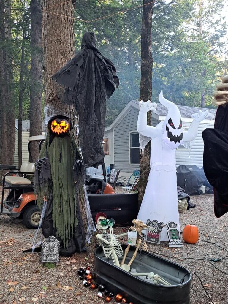 Halloween decorations outside of a cabin at Point Sebago Resort in Casco, Maine.