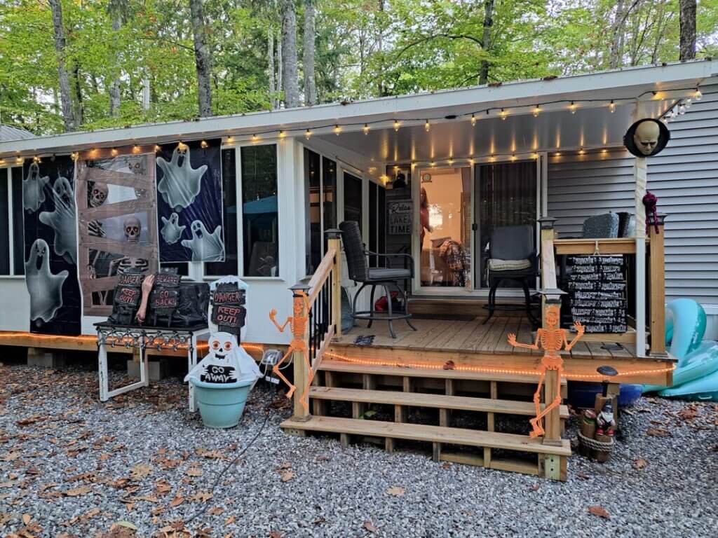 Halloween decorations outside of a cabin at Point Sebago Resort in Casco, Maine.