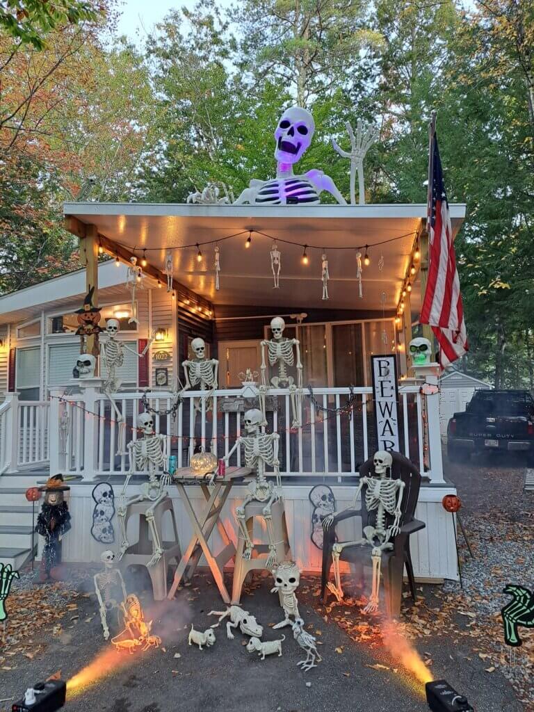 Halloween decorations outside of a cabin at Point Sebago Resort in Casco, Maine.
