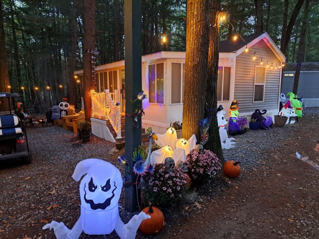 Halloween decorations outside of a cabin at Point Sebago Resort in Casco, Maine.
