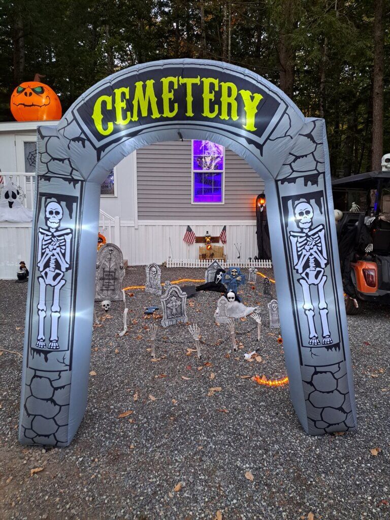 Halloween decorations outside of a cabin at Point Sebago Resort in Casco, Maine.